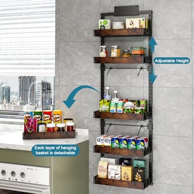 bukfen Over the Door Pantry Organizer, 6-Tier Adjustable Wooden Basket Kitchen Pantry Door Organization and Storage, Heavy-Duty Metal Hanging Kitchen Spice Rack,D6.3 x W17.71 x H50.60 inch,1 Pack - Image 5