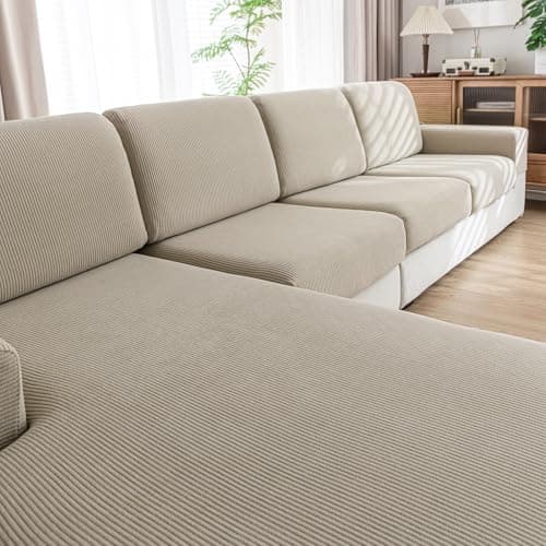 QIANMEW Couch Cushion Covers, Comfort Soft Magic Sofa Covers Washable Stretch Resistant Slipcovers for Sectional and L Shaped Seats Furniture Protectors for Pets (1PC Back Couch Cover, Light Brown) - Image 1