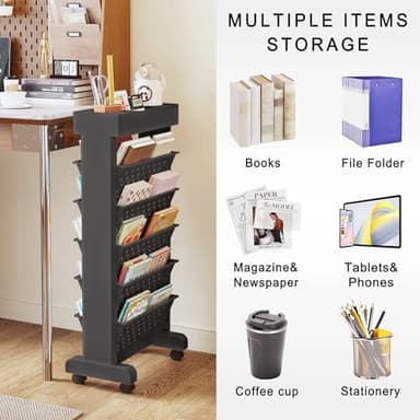 YEMUNY 6 Tier Rolling Utility Cart Multi-Functional Movable Storage Book Shelves with Lockable Casters for Study Office Classroom, Black - Image 4