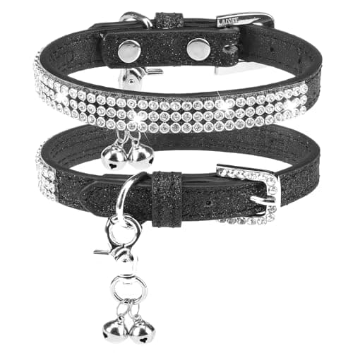 PUPTECK Basic Adjustable Cat Collar with Bling Diamond and Double Bells, for Kitten and Small Puppy, Fashion and Shining Dog Rhinestone Collars, 8-10in, Black - Image 1
