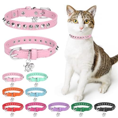 DILLYBUD Leather Cat Collars for Boy Girl Cats with Bell and Safety Elastic Belt, Personalized Rivets Stud Adjustable Safe Buckle Collar with Skull Charm for Kitty Small Pets, Halloween Cat Collar - Image 1