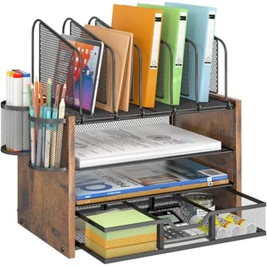 4-Tier Mesh Desk Organizer, Wooden Desk File Organizer with 5 Vertical File Holders and 2 Pen Holders, Desktop Organizers and Accessories with Drawer for Home Office - Image 1
