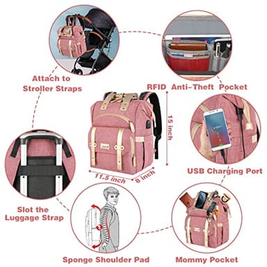 Jiefeike Diaper Bag Backpack, Pink Baby Girls Diaper Bag for Mom, Travel Baby Bags Backpack for Women, Insulated Pockets Portable toddler diaper bag with USB Charging Port, RFID Anti-Theft Pocket - Image 6