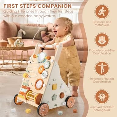 Pithfor Wooden Baby Walker, Baby Push Walker with Activity Center for Girls Boys, Push Walker Toys for Babies Learning to Walk, Sit-to-Stand, for 10-12 Months 1 2 3 Years Old - Image 4
