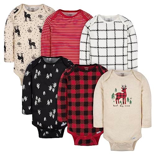 Gerber Baby 6 Pack Long-Sleeve Onesies Bodysuit, Moose, 12 Months - Image 1