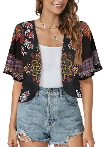 Women Shrug Chiffon Cardigans Open Front Short Sleeve Bolero for Evening Dressy(Black Print,S) - Image 1