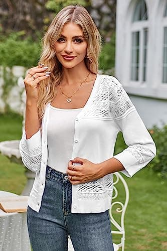 GRACE KARIN Women's Cropped Cardigan 3/4 Sleeve Lightweight Crochet Shrug Hollowed-Out Knit Sweater Tops Bright White L - Image 2