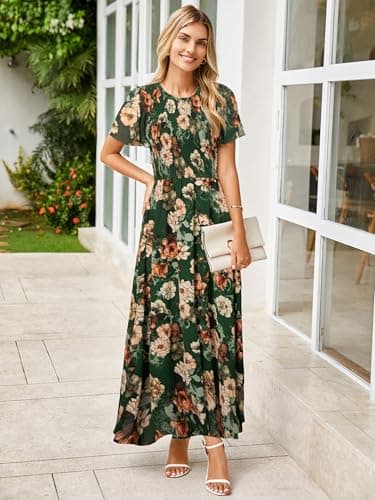 Simplee Womens Spring Floral Maxi Wedding Guest Dress Bohemian Short Sleeve Loose Sundress Lightweight Flowy Prom Vacation Dress(Green XL) - Image 4