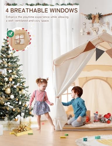 Besrey Kids Play Tent 2 in 1 with Padded Mat and Lights, Large Kids Playhouse with 2 Doors & 4 Windows, Indoor & Outdoor, Christmas Toddler Tent, 51" x35" x 51" - Image 7