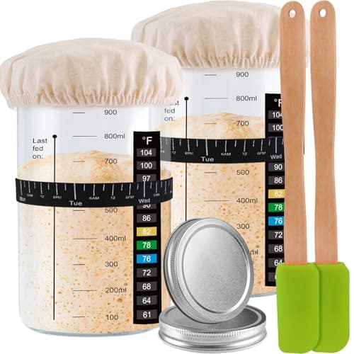 Tyniaide Sourdough Starter Jar, 1000ML/35Oz 2 Pack Sourdough Starter Kits with Thermometer Strip, Silicone Scraper, Cloth Cover, Aluminum Lid and Feeding Band, Sourdough Bread Baking - Image 1