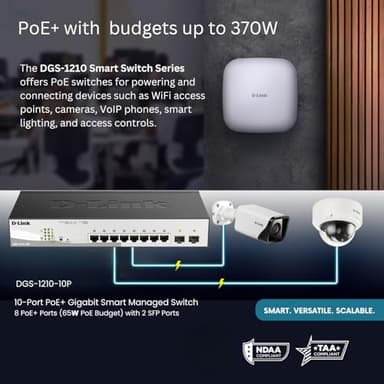 D-Link 10-Port Gigabit Smart Managed PoE+ Switch | 8 PoE+ Ports (65W) + 2 SFP Ports | L2+ | VLANs | Web Managed | Surveillance Mode | Desktop or Rackmount | Fanless | NDAA Compliant DGS-1210-10P - Image 3