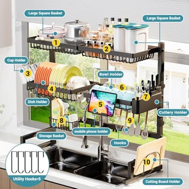 ADBIU Over The Sink Dish Drying Rack (Expandable Height and Length) Snap-On Design 2 Tier Large Dish Rack (27-40L x 12W x 32.5-37H (inches)) - Image 6