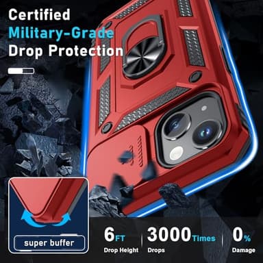 Janmitta Case for iPhone 16e Phone Cover Built in Slide Camera Lens Cover+Screen Protector,Heavy Duty Shockproof Full Body PhoneCase with Finger Ring Holder Kickstand,2025 Red - Image 5