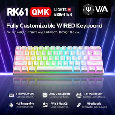 RK ROYAL KLUDGE RK61 60% Gaming Keyboard, Wired RGB Mechanical Keyboard with No-Conflict 61 Keys, Hot Swappable PC Game Keyboard for Windows Mac, Quiet Red Switch-White - Image 2