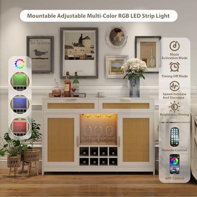 FTZxHKLX 51.2'' Rattan Coffee Bar Cabinet with Drawers and Storage, Boho Sideboard Buffet Cabinet with LED Lights, Wine Liquor Cabinet with Glass Holder and Wine Cellar for Dining Living Room, White - Image 6