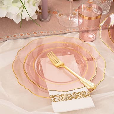 KIRE 210Pcs Clear Pink Plastic Plates with Gold Rim - Disposable Gold Silverware &Pink Cups&Hand Napkin - Plum Colored Plastic Dinnerware for Upscale Wedding - Image 3