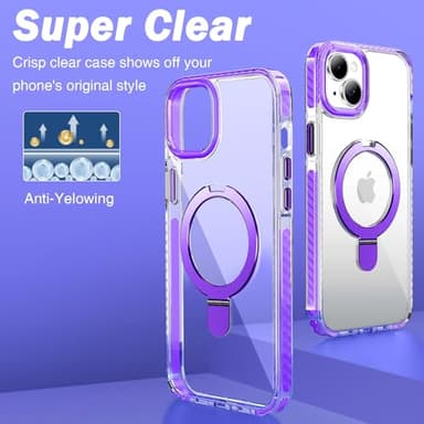 UMIONE for iPhone 13/14 Magnetic case with Stand and Finger Ring, Compatible with magsafe, Shockproof Transparent Hard Plate, Full Body case, Universal for Boys and Girls 6.1 - Purple - Image 3