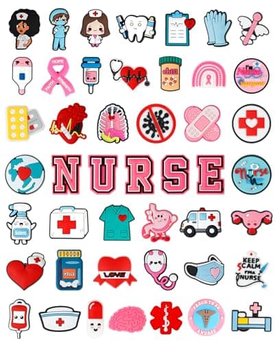QAUYETM 46PCS Nurse Shoe Charms Medical Nursing Decorations Cute PVC Accessories Gift Idea for Women Men Adults Nurses Week Graduation Birthday Party Favors - Image 1