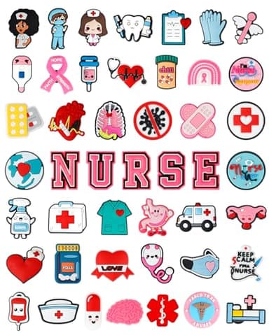 QAUYETM 46PCS Nurse Shoe Charms Medical Nursing Decorations Cute PVC Accessories Gift Idea for Women Men Adults Nurses Week Graduation Birthday Party Favors - Image 1