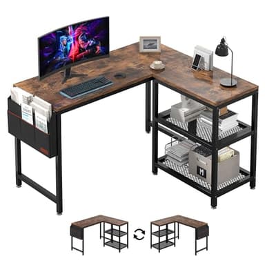 VECELO L Shaped Desk, 49 Inch Computer Gaming Study Writing Table, Home Office Workstation with Storage Shelves & Bag - Image 1