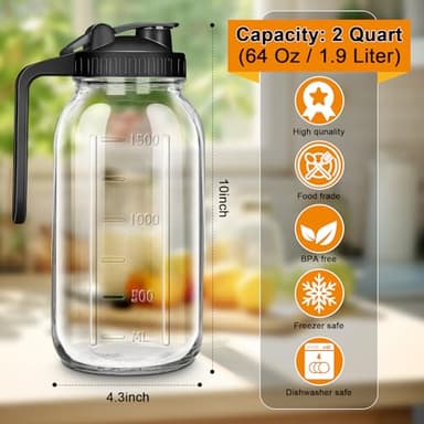 64oz Glass Pitcher with Lid, 2 Quart Mason Jar Pitcher with Lid and Spout, Wide Mouth Breast Milk Pitchers Glass Jug Sun Tea, Cold Brew Coffee Pitchers, Fridge Container for Water, Juice, Tea - Image 2
