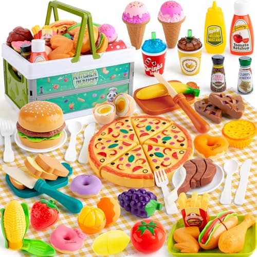 78Pc Pretend Play Food for Kids Kitchen, Cutting Toy Food with Storage Basket, Play Kitchen Accessories, Food Toys with Veggies, Fruits, Fake Food with Pizza Toy, Pretend Food, Boys Girls Gift - Image 1