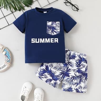 Klyatpxoen 3 4 T Toddler Baby Boy Summer Clothing Set Short Sleeve T Shirt Top Shorts 2 Pcs Beach Outfits Set Blue (3-4T) - Image 4
