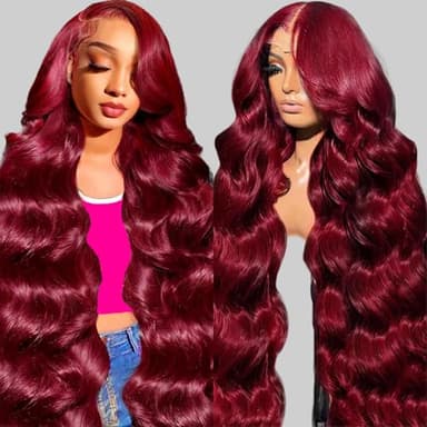 QZOQZO 99J Burgundy Lace Front Wigs Human Hair 13x6 HD Transparent Body Wave Lace Front Wigs Pre Plucked 99j Burgundy Red Wine Glueless Human Hair Wigs for Women Reddish Brown 180% Density 30 Inch - Image 1