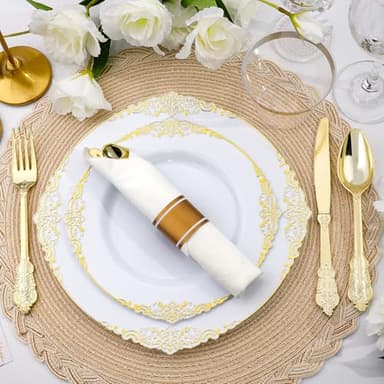 Realluck 350 PCS White and Gold Plastic Plates, Plastic Dinnerware Set for 50 Guests, 100 Disposable Plates, 150 Silverwares, 50 Cups, 50 Napkins for Party, Wedding, Graduation - Image 6