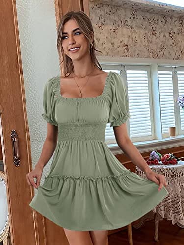 Heysolo Womens Square Neck Mini Dress Casual Short Sleeve Empire Waist Smocked Summer Babydoll Dresses Light Green - Image 3
