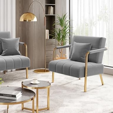 Yaheetech 30" W Modern Sofa Small Sofa Luxurious Velvet Fabric Couch with Gold-Tone Metal Arms and Legs for Living Room, Home Office, Studio Light Gray - Image 2