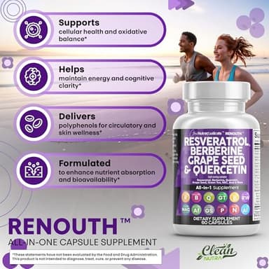 Clean Resveratrol Supplement | Berberine Grape Seed Extract Quercetin Green Tea Extract Acai Noni Polyphenol Supplement for Women & Men Anti Aging N-Acetyl Cysteine NAD Booster - Image 5