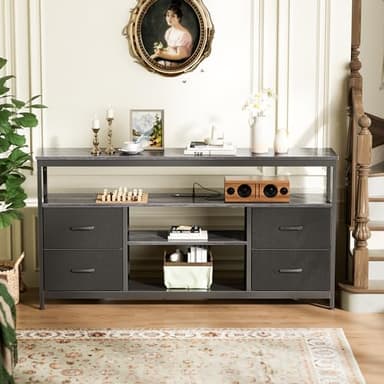 Huuger TV Stand Dresser with Power Outlets and LED Lights, 4 Drawers Entertainment Center with Shelves, 54in Media Console for 55 60 Inch TV, Dresser with PU Finish, Grey and Black - Image 9