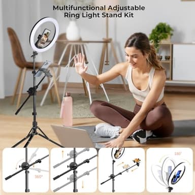 Aureday 12" Overhead Ring Light with Stand, Dimmable Ringlight with Phone & Mic Holder, 62" Adjustable Tripod for Video Recording, Live Streaming, Tiktok, YouTube, Makeup, Cooking - Image 6