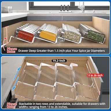 MIUKAA Clear Acrylic Spice Drawer Organizer, 4 Tier- 2 Set Expandable From 13" to 26" Drawer Seasoning Organizer, Kitchen Spice Rack Tray for Drawer/Countertop (Jars not included) - Image 3