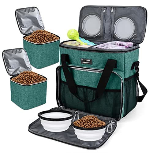 BAGLHER Pet Travel Set Airline-Approved Carrier for Small/Medium Cats & Dogs + Travel Bag with Food Containers & Silicone Bowls, Grey & Green - Image 1