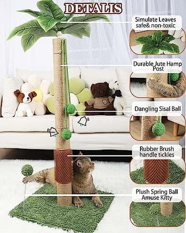 ANWA 35" Tall Cat Scratching Post for Kitten and Large Cats, Scratching Post for Indoor Cats with Self-Grooming Rubber Brush, Cat Sisal Post with Simulated Leaves - Image 5