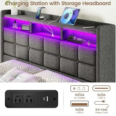 Driftalia Lift Up Queen Bed Frame with Storage, Upholstered Bed Frame Queen Size with LED Lights Headboard and Charging Station, No Box Spring Needed, Easy Assembly - Dark Grey - Image 4