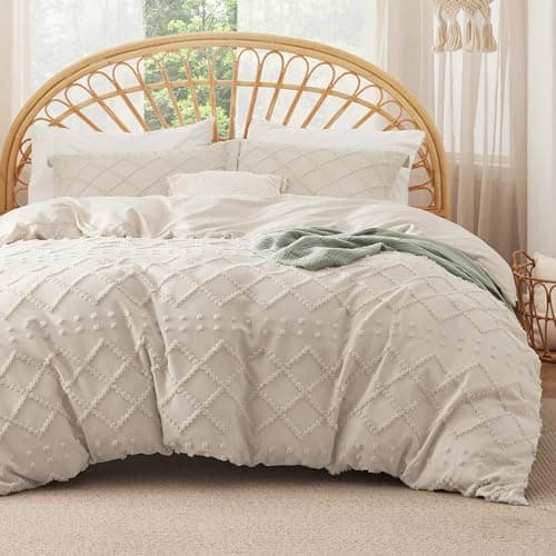 Bedsure Boho Duvet Cover King Size with Fitted Sheet - Boho Bedding Comforter Set, 4 Pieces, Includes 1 Duvet Cover 104"x90" with Zipper Closure, 2 Pillow Shams, 1 Fitted Sheet, Beige - Image 1