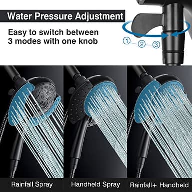 Shower Head with Handheld High Pressure: 2-IN-1 Shower Head with 7.2" Rainfall Shower & Handheld Shower Head with Hose Black, Shower Trim Systems - Image 3