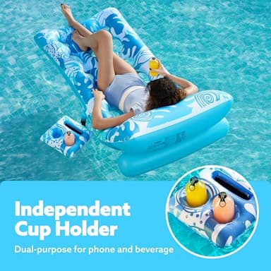 SLOOSH Adjustable Backrest Pool Floats - Tropical Leaves Pool Lounger Floaties Adults with Cup Holders, Inflatable Tanning Float Rafts Chair Beach Lake Lounge Floating Above Water Keep Cool (Blue) - Image 5