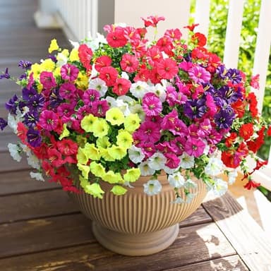 HyeFlora Artificial Flowers for Outdoors Fake Plants Outside Decoration, 12 Bundles Silk Colorful Morning Glory with Eucalyptus UV Resistant Realistic Faux Flowers for Planter Porch Patio Yard Garden - Image 5