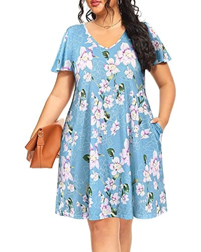 Pinup Fashion Plus Size Dress Women Hawaiian Tshirt Blue Floral Pockets Casual Summer Swing Beach Sundresses Short Sleeve Tie Back - Image 1