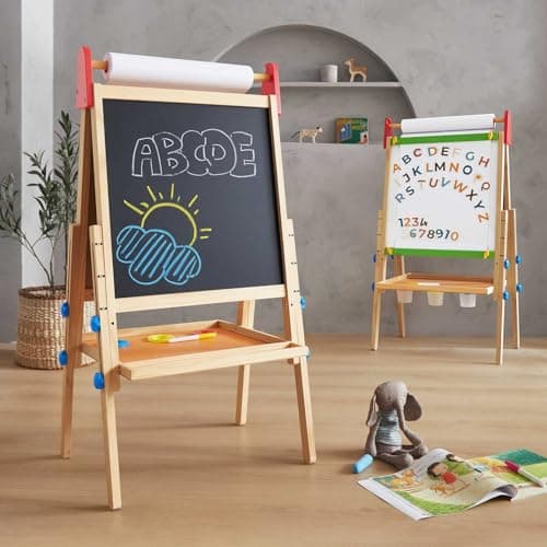Tiny Land Easel for Kids with 2 Drawing Paper Roll, Adjustable Kids Art Easel, Learning-Toy for 3,4,5,6,7,8 Years Old Boy & Girls, Wooden Chalkboard & Magnetic Whiteboard & Painting Paper Stand - Image 1