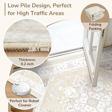 BESTSWEETIE 8x10 Area Rugs for Living Room Washable Non Slip Carpet Low Pile Soft Vintage Print Pattern Rug for Bedroom Dining Room Kitchen Entryway Indoor-Cream/Light Yellow/Brown/Blue/Red/Pink - Image 4