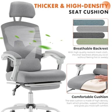 Sweetcrispy Office Computer Desk Chair with Footrest,Ergonomic High-Back Mesh Rolling Work Swivel Chairs with Wheels,Comfortable Lumbar Support,Comfy Arms for Home,Bedroom,Study,Student,Light Grey - Image 3