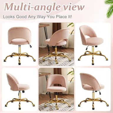 VINGLI Modern Velvet Small Office Chair,Cute Desk Chair with Wheels,Gold Base/Studs, Comfy Armless Swivel Vanity Task Chair for Women/Girl/Kids, Nail Tech Chair for Bedroom,Small Space,Pink - Image 8