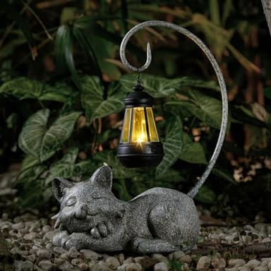 WSgift Outdoor Cat Figurine Garden Statue with Solar-Powered LED Light 13.77 Inches Tall Gift Garden Statue Decor for Cat Lovers Marbled - Image 5