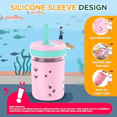 Tronco 8 oz Glass Sippy Cup for Toddlers, Kids Mason Jar Smoothie Cup with Silicone Sleeves & Spill Resistant Flexible Straw, Snack Cup, BPA-Free, Dishwasher Safe - Image 4