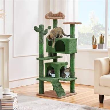 Yaheetech Cactus Cat Tree, 54.5in Tower w/Ramp, Animal-Ear Shaped Perch, Scratching Posts, Platform & Hanging Ball, Multi-Level Condo for Indoor Kittens, Green/Brown - Image 2